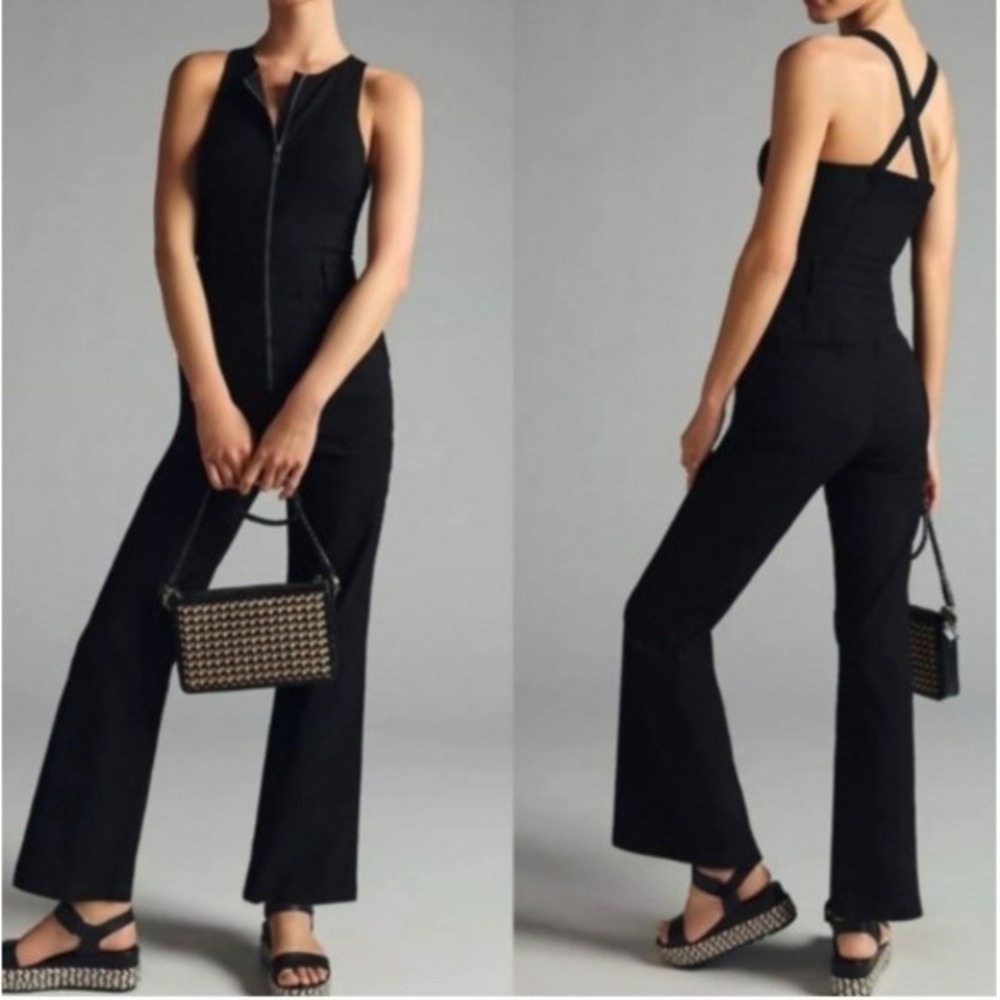 Anthropologie Maeve Black Naomi Zip Front Flare Leg Jumpsuit Cross Back 6‎ Tall